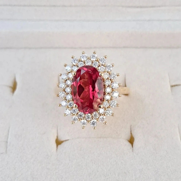 Padparadscha Sapphire & Genuine Moissanite Double Halo Ring. - Picture 2 of 10